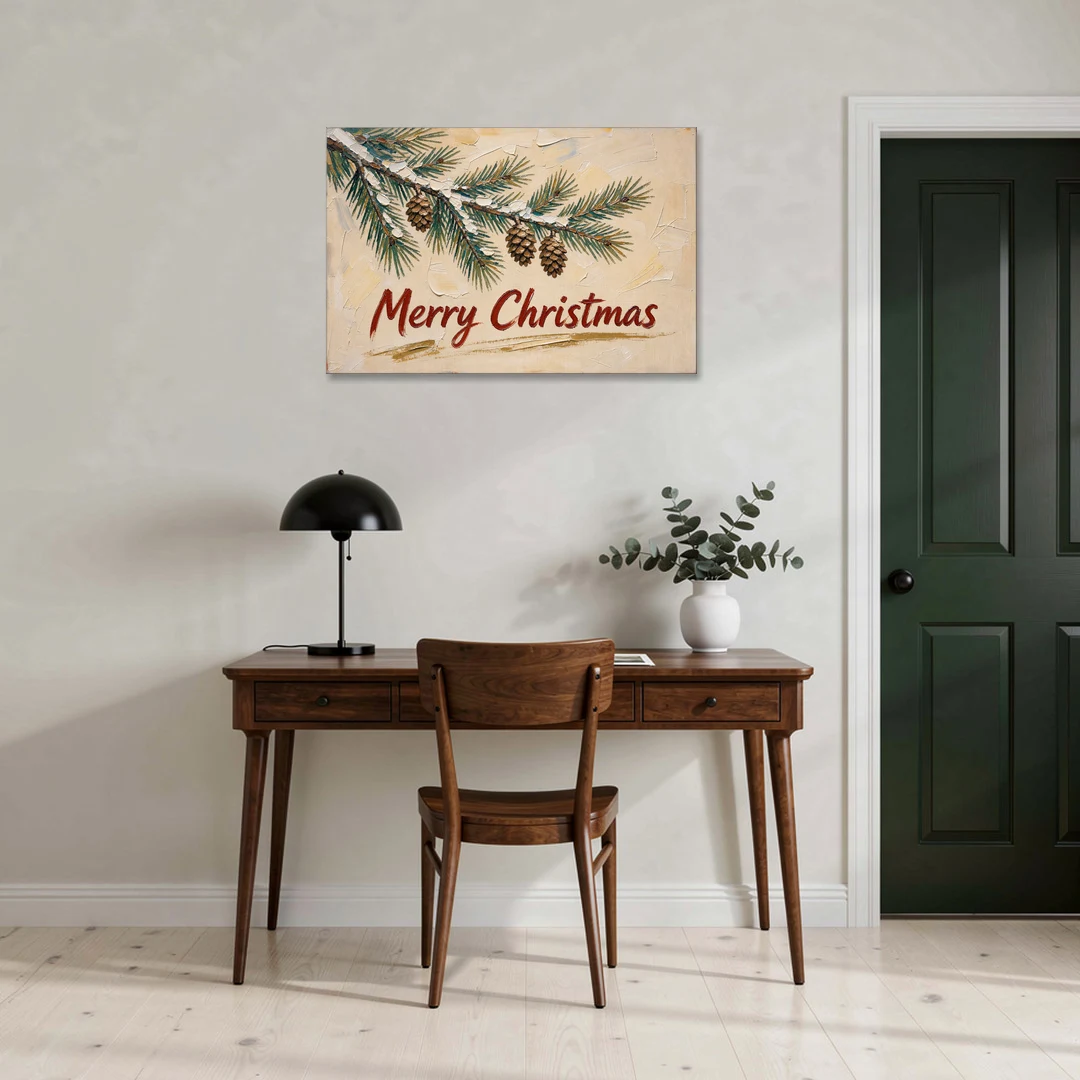 Merry Christmas Painting with Snowy Pine Bough - Canvas Wall Art - Office - 36x24