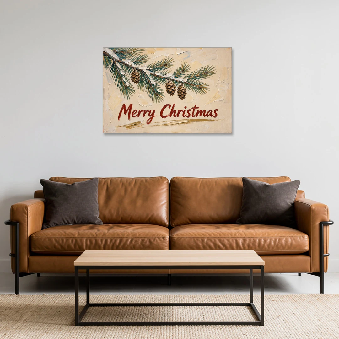 Merry Christmas Painting with Snowy Pine Bough - Canvas Wall Art - Sofa - 36x24