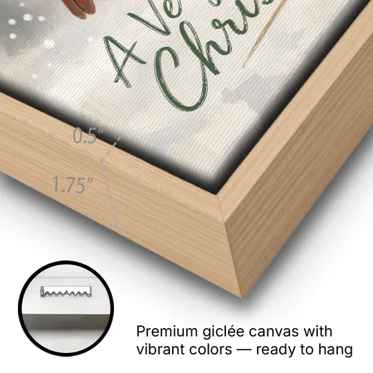 Merry Christmas Wall Art with Snowy Cardinal - Oak Framed Canvas Wall Art - Gallery Wrap Corner