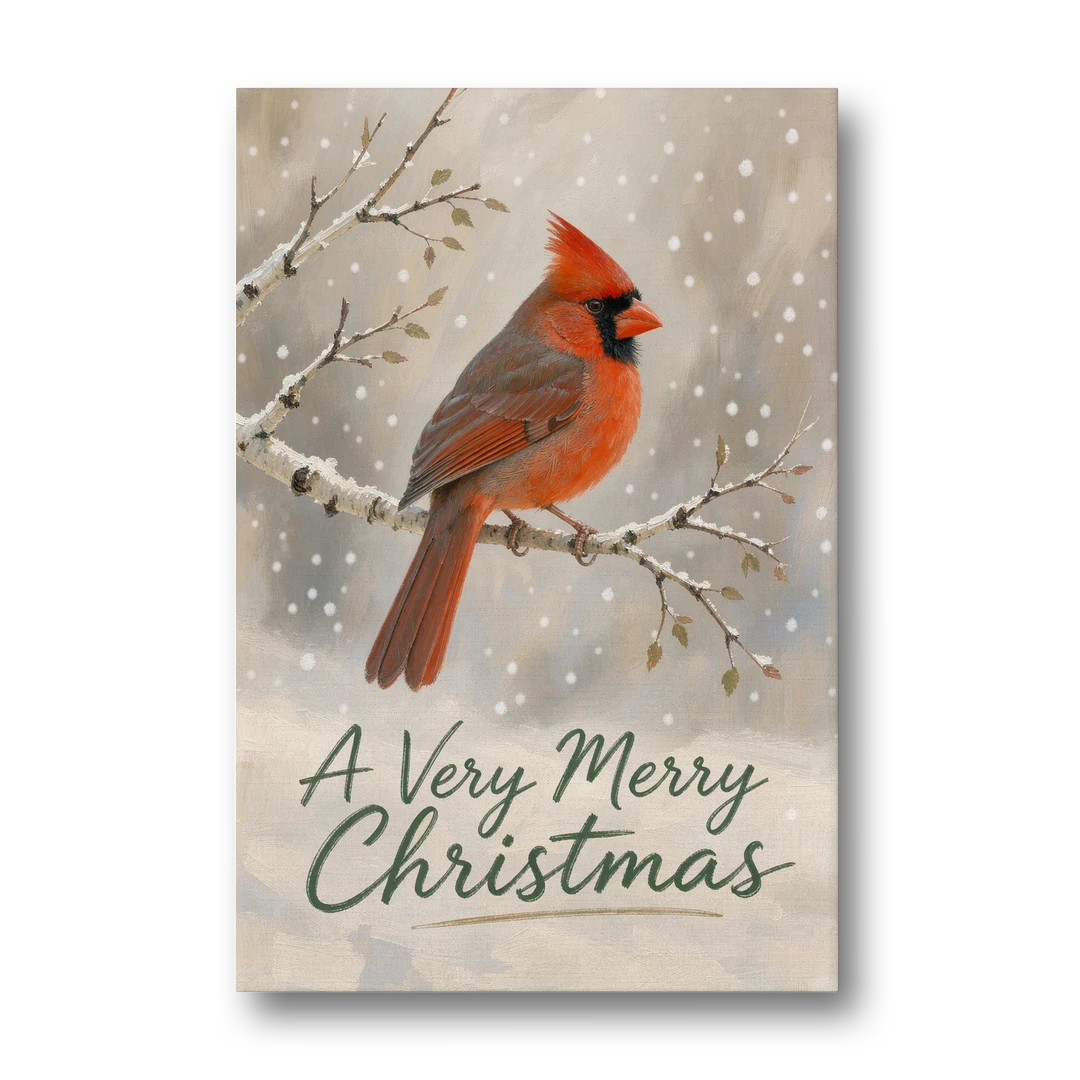 Merry Christmas Wall Art with Snowy Cardinal - Canvas Wall Art - Front