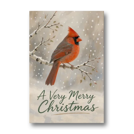 Merry Christmas Wall Art with Snowy Cardinal - Canvas Wall Art - Front