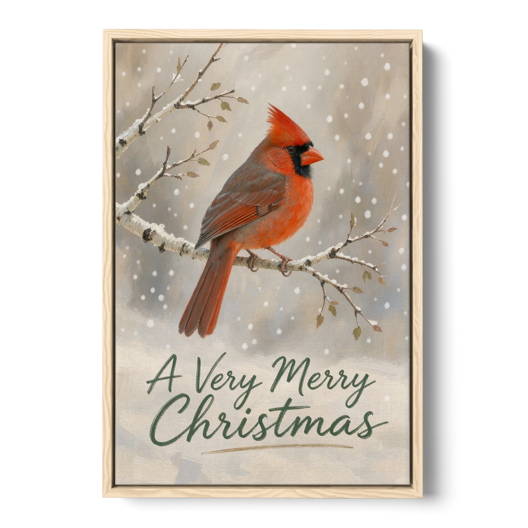 Merry Christmas Wall Art with Snowy Cardinal - Oak Framed Canvas Wall Art - Front