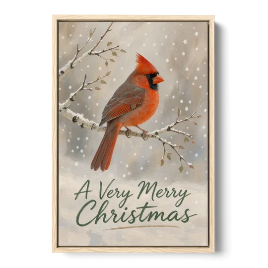 Merry Christmas Wall Art with Snowy Cardinal - Oak Framed Canvas Wall Art - Front