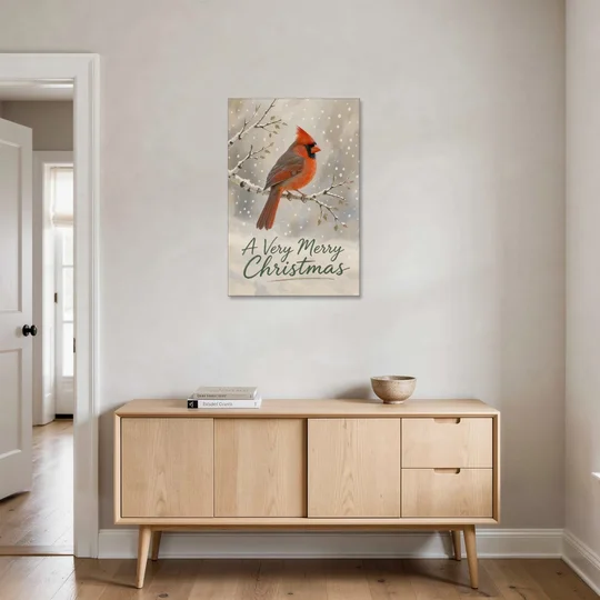 Merry Christmas Wall Art with Snowy Cardinal - Canvas Wall Art - Coffee Table - 24x36