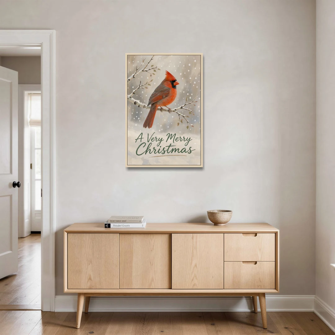 Merry Christmas Wall Art with Snowy Cardinal - Oak Framed Canvas Wall Art - Coffee Table - 24x36