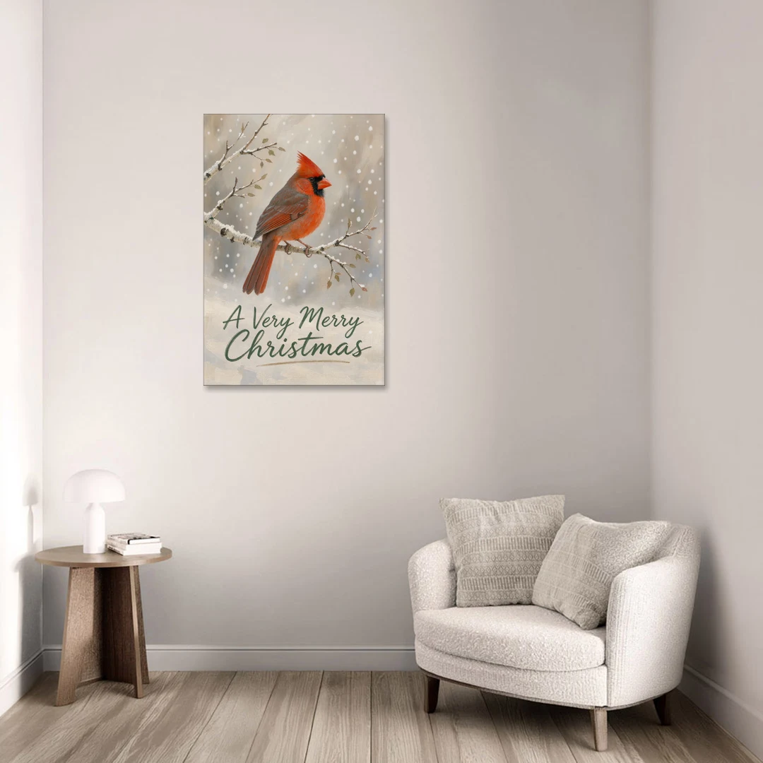 Merry Christmas Wall Art with Snowy Cardinal - Canvas Wall Art - Sofa - 24x36