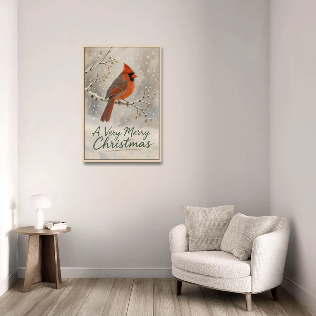 Merry Christmas Wall Art with Snowy Cardinal - Oak Framed Canvas Wall Art - Sofa - 24x36