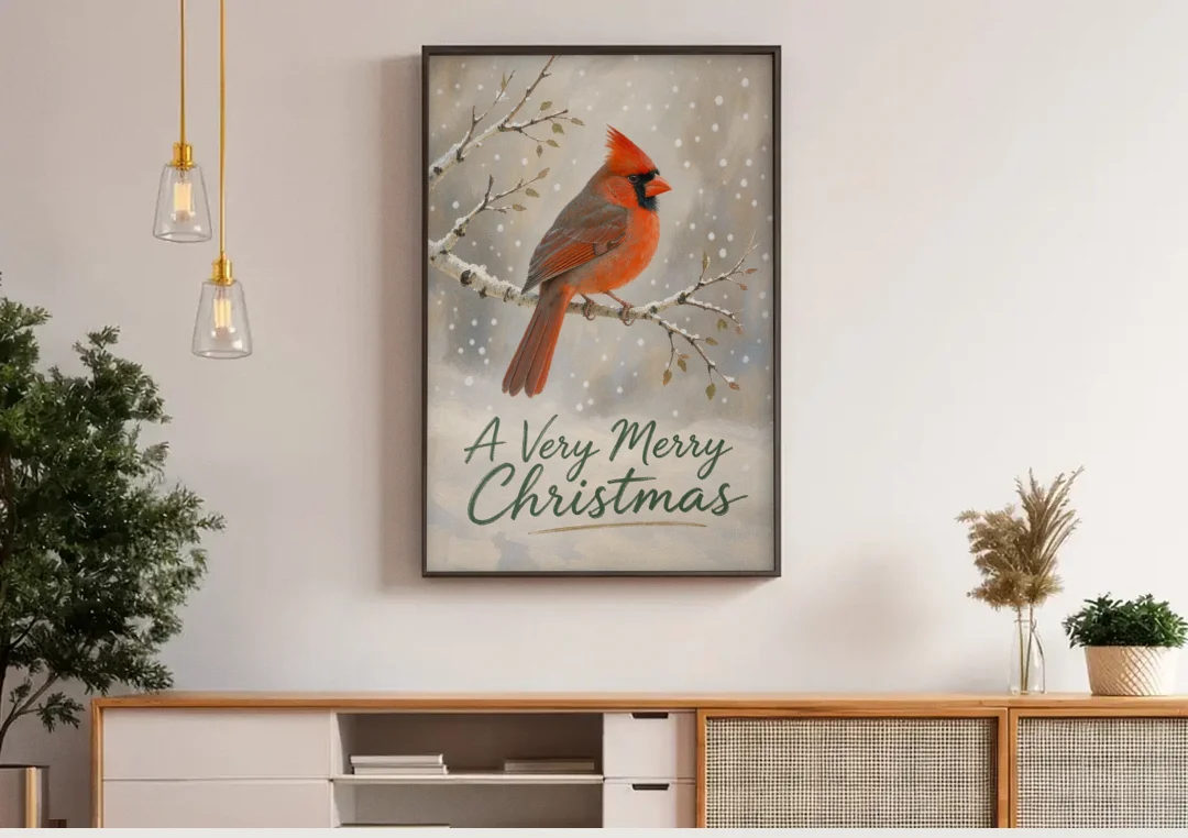 Merry Christmas Wall Art with Snowy Cardinal canvas wall art above a wooden sideboard under pendant lights