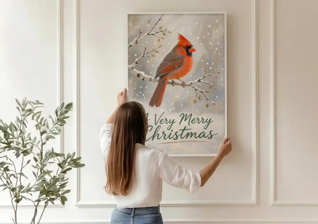 Merry Christmas Wall Art with Snowy Cardinal canvas wall art being hung on a paneled wall