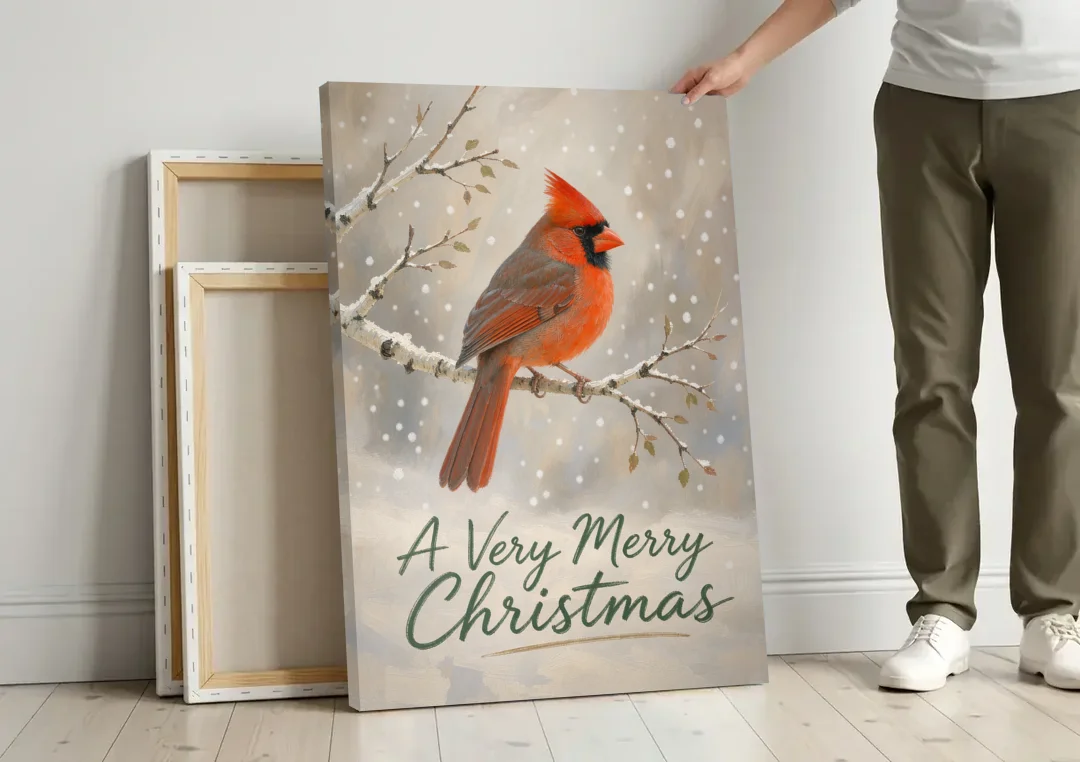 Merry Christmas Wall Art with Snowy Cardinal canvas wall art leaning against a wall next to blank canvases