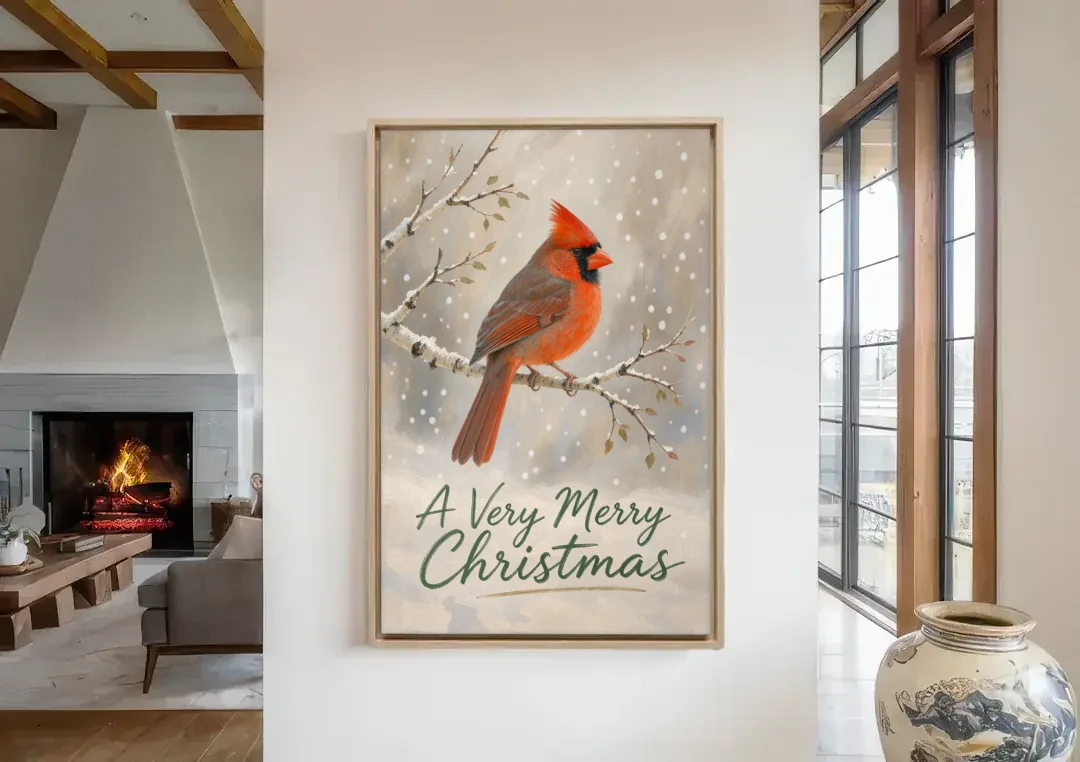 Merry Christmas Wall Art with Snowy Cardinal canvas wall art in a living room with a fireplace