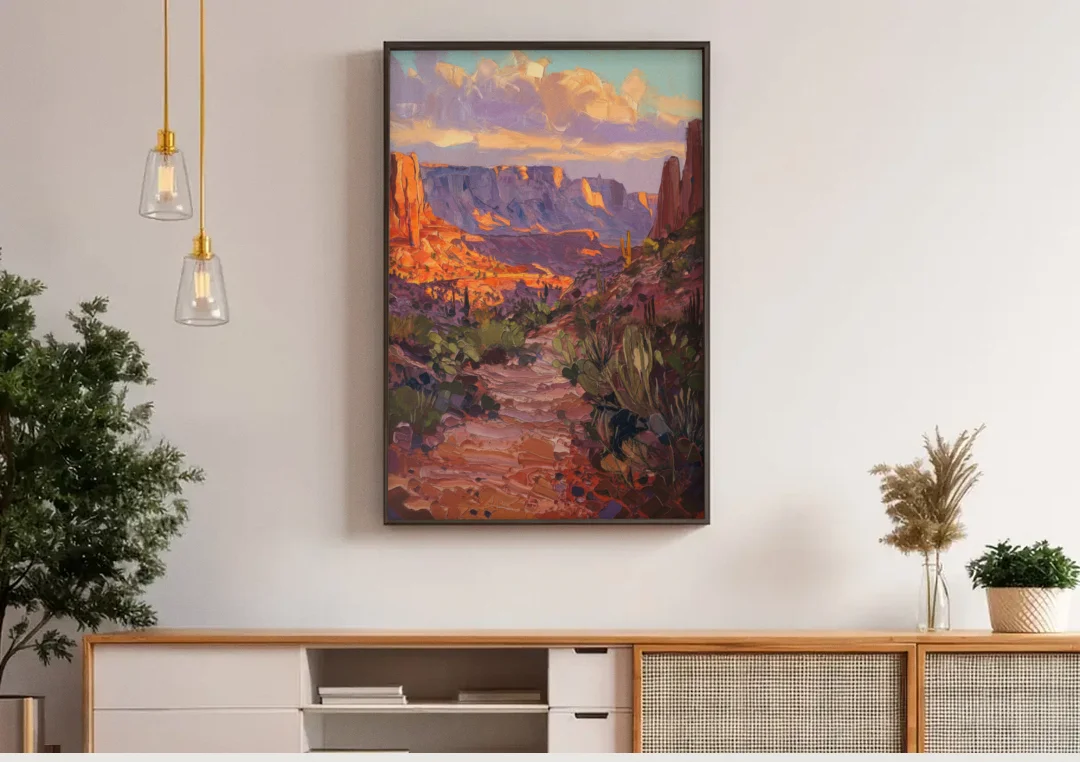 Mesa Arizona Trails canvas wall art above a wooden sideboard under pendant lights