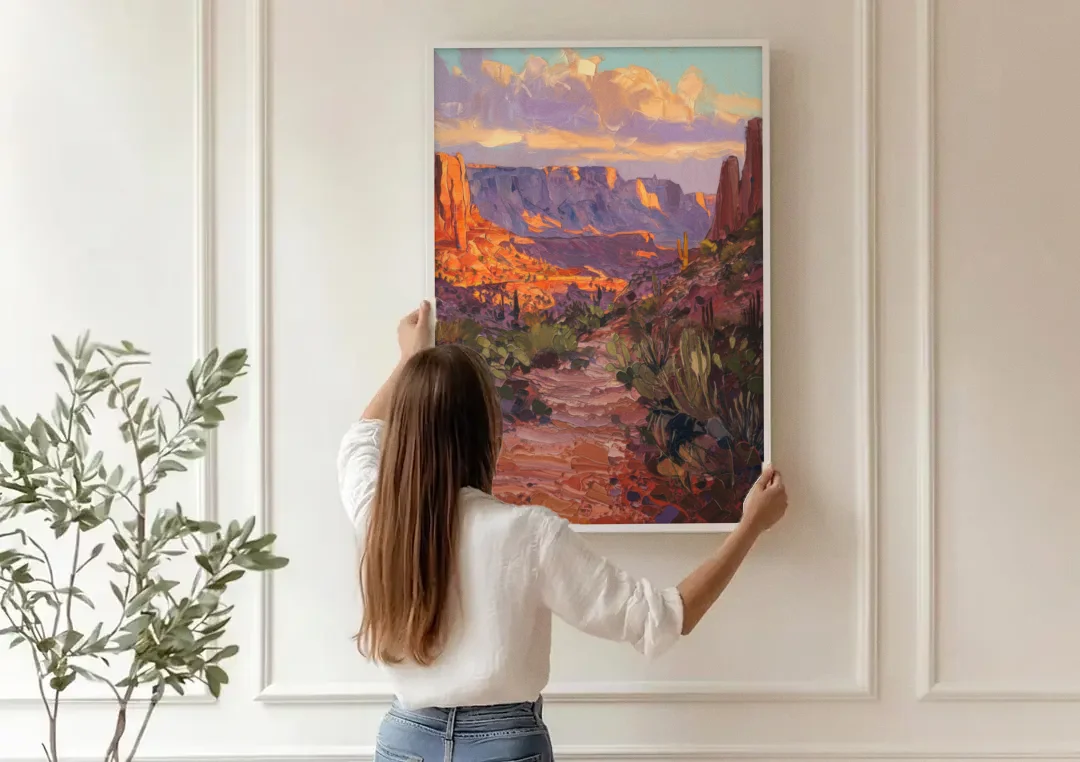 Mesa Arizona Trails canvas wall art being hung on a paneled wall