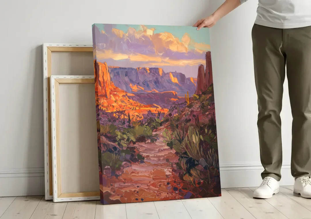 Mesa Arizona Trails canvas wall art leaning against a wall next to blank canvases