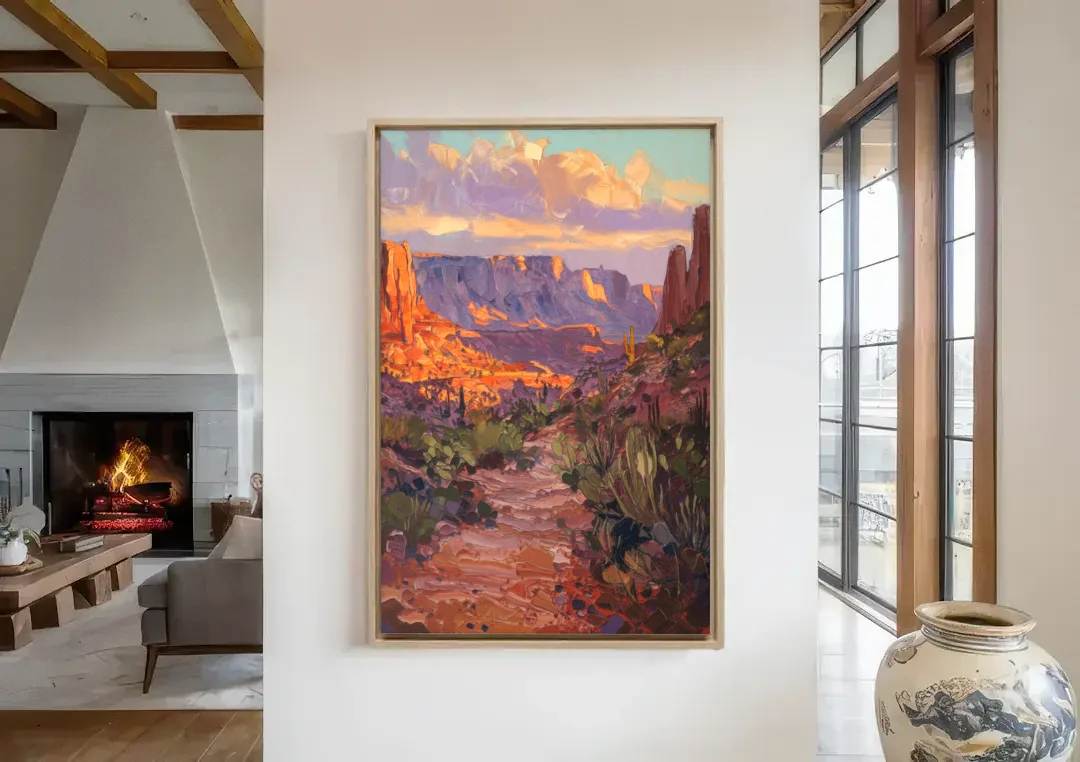 Mesa Arizona Trails canvas wall art in a living room with a fireplace