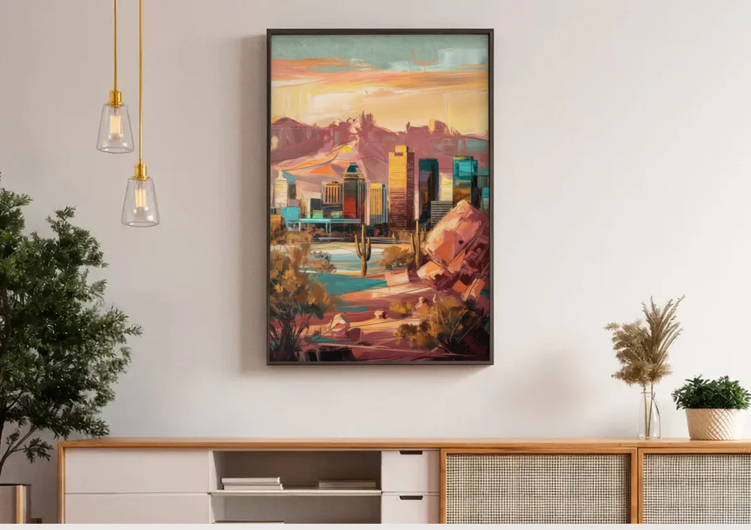 Mesa City Skyline canvas wall art above a wooden sideboard under pendant lights