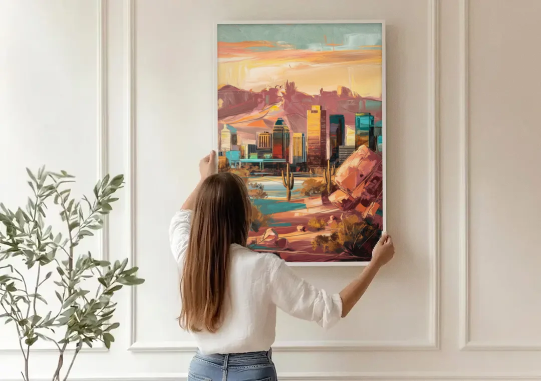 Mesa City Skyline canvas wall art being hung on a paneled wall