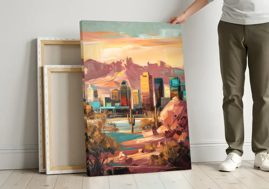 Mesa City Skyline canvas wall art leaning against a wall next to blank canvases
