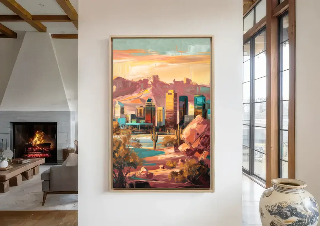 Mesa City Skyline canvas wall art in a living room with a fireplace