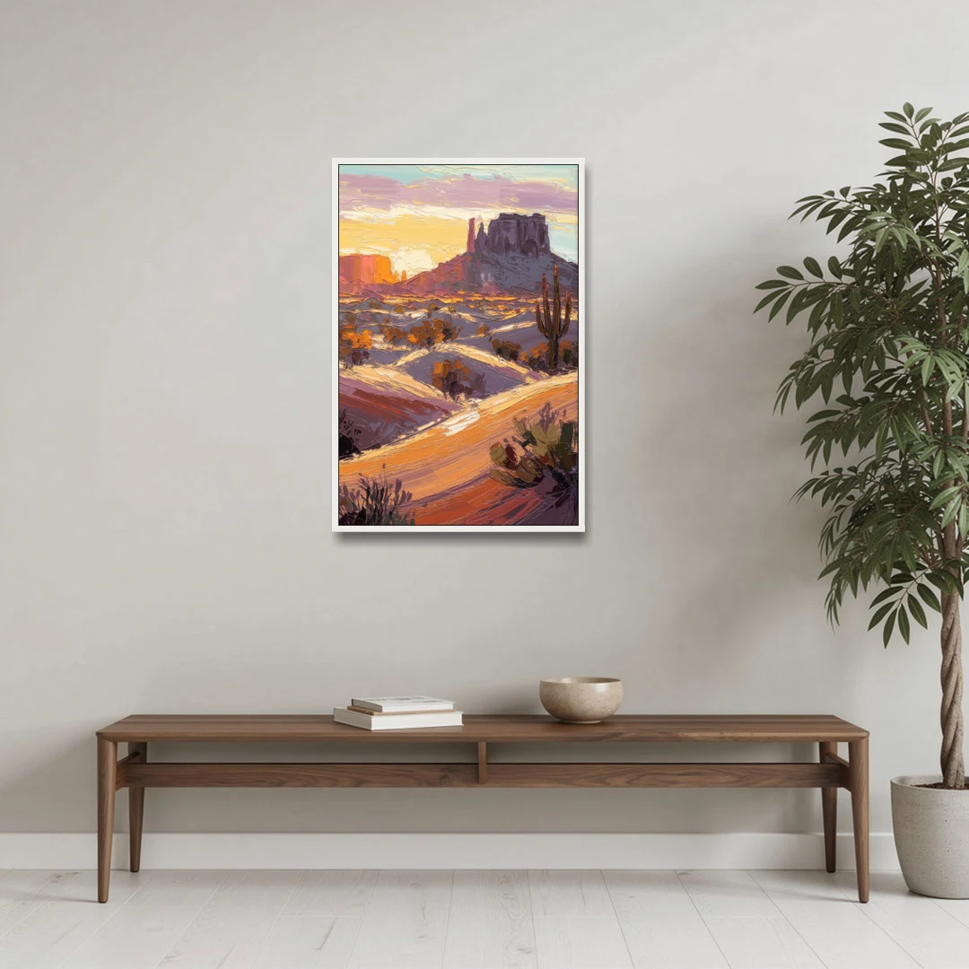 Mesa Desert Sunset - White Framed Canvas Wall Art - Coffee Table - 24x36