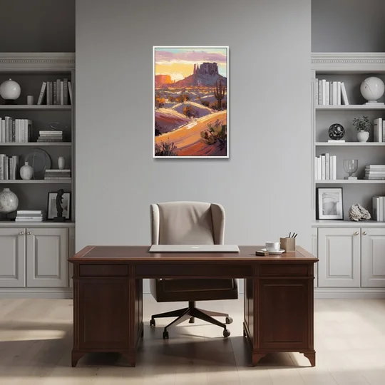 Mesa Desert Sunset - White Framed Canvas Wall Art - Office - 24x36