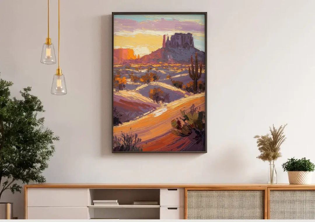 Mesa Desert Sunset canvas wall art above a wooden sideboard under pendant lights