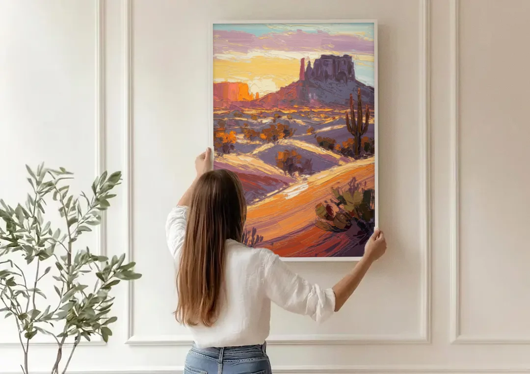 Mesa Desert Sunset canvas wall art being hung on a paneled wall