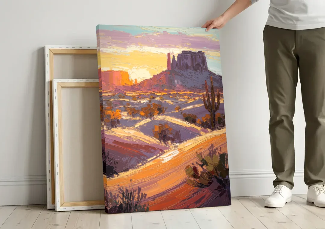 Mesa Desert Sunset canvas wall art leaning against a wall next to blank canvases