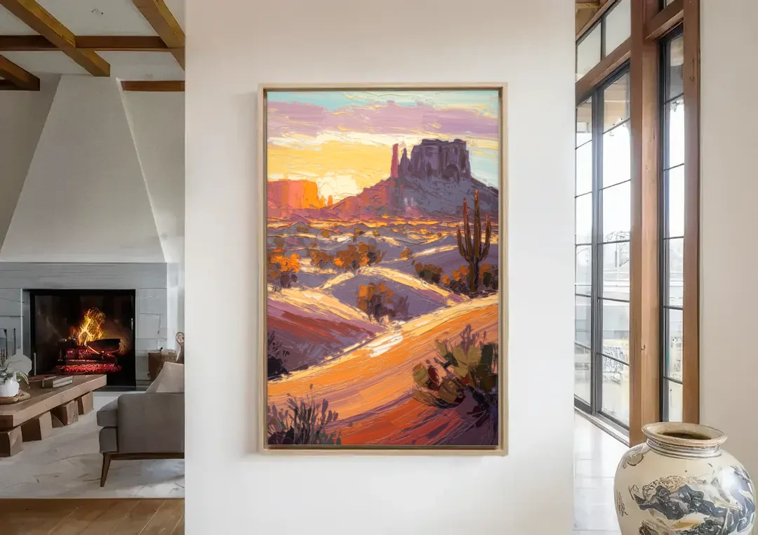 Mesa Desert Sunset canvas wall art in a living room with a fireplace