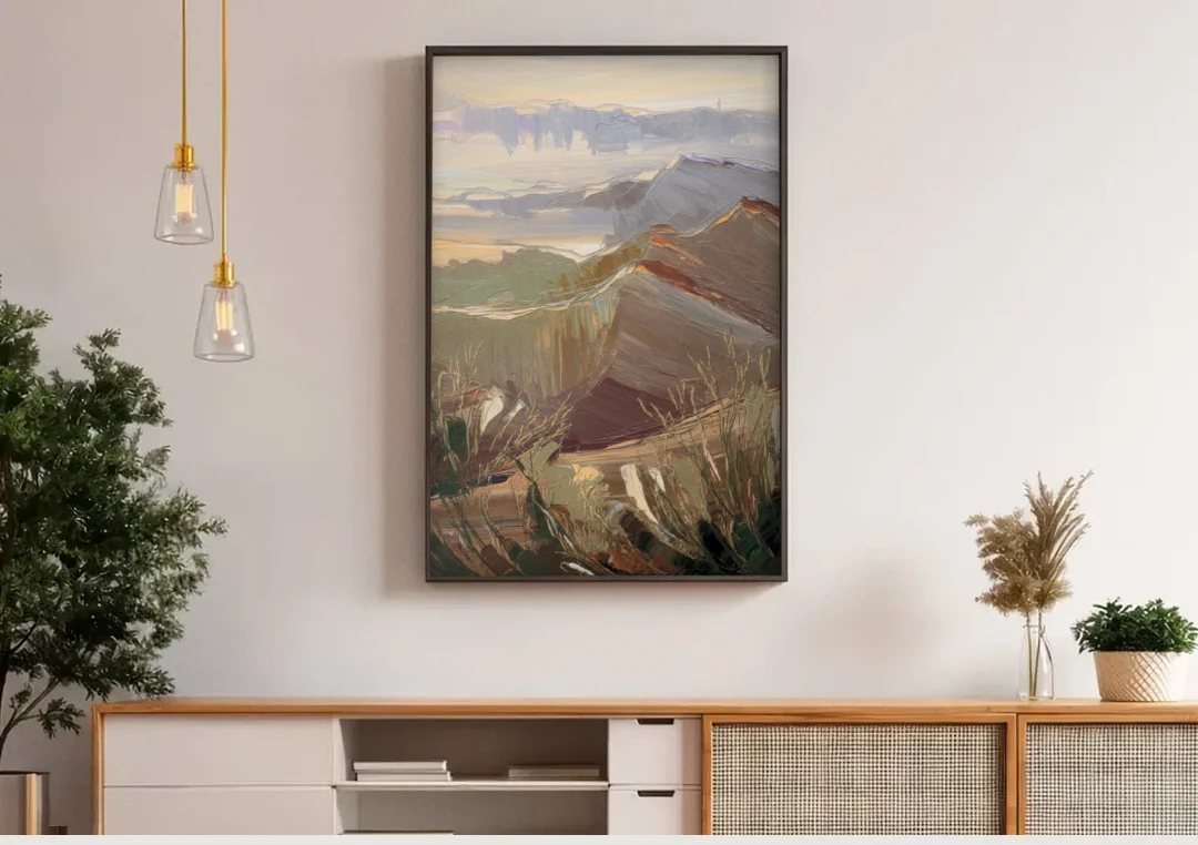 Mesa Mountain Views canvas wall art above a wooden sideboard under pendant lights