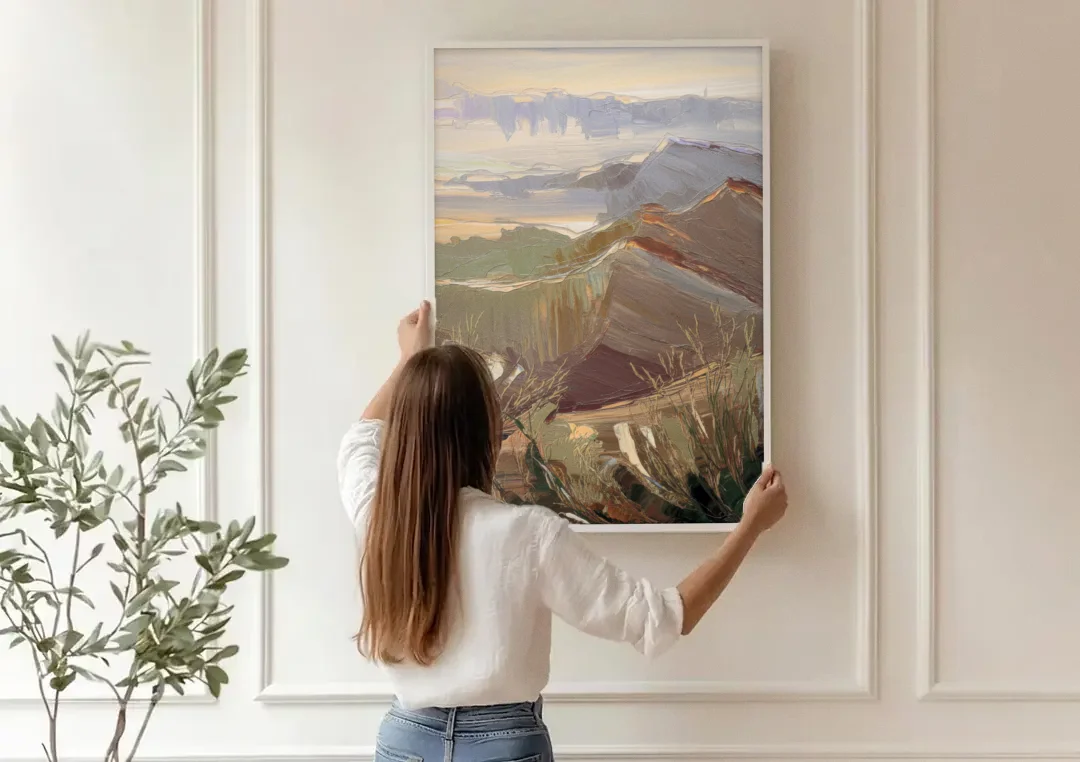 Mesa Mountain Views canvas wall art being hung on a paneled wall