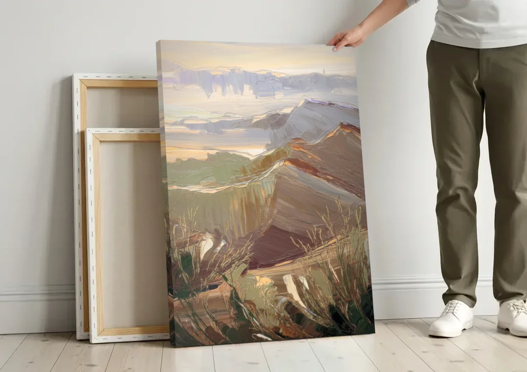 Mesa Mountain Views canvas wall art leaning against a wall next to blank canvases
