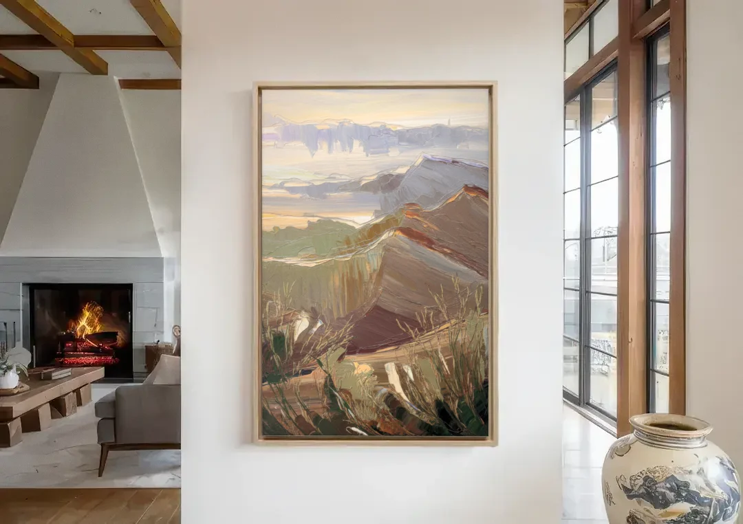 Mesa Mountain Views canvas wall art in a living room with a fireplace