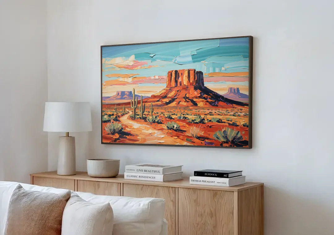 Mesa Scenic Desert canvas wall art above a wooden sideboard next to a sofa