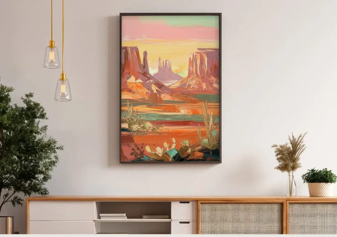 Mesa Southwest Charm canvas wall art above a wooden sideboard under pendant lights