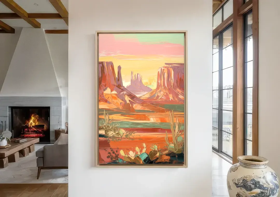 Mesa Southwest Charm canvas wall art in a living room with a fireplace