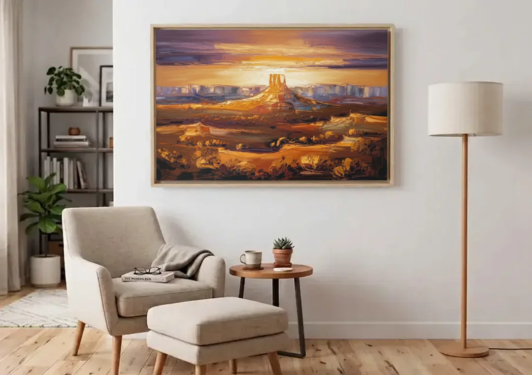 Mesa Sunlit Horizons canvas wall art above an armchair in a bright living room