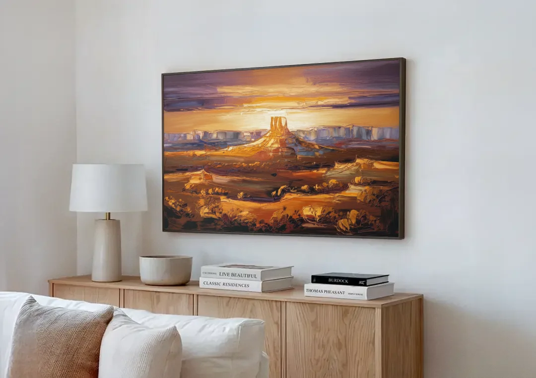 Mesa Sunlit Horizons canvas wall art above a wooden sideboard next to a sofa