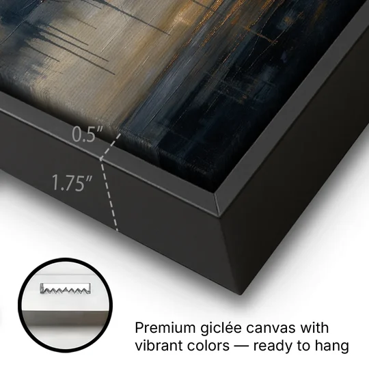 Metallic Abstract Bronze Horizon Over Still Sea - Black Framed Canvas Wall Art - Gallery Wrap Corner