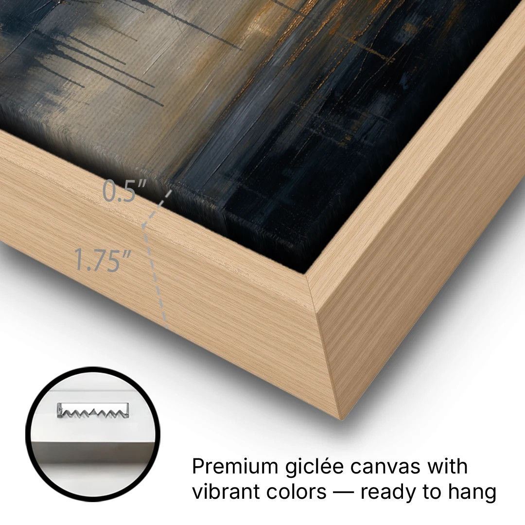 Metallic Abstract Bronze Horizon Over Still Sea - Oak Framed Canvas Wall Art - Gallery Wrap Corner