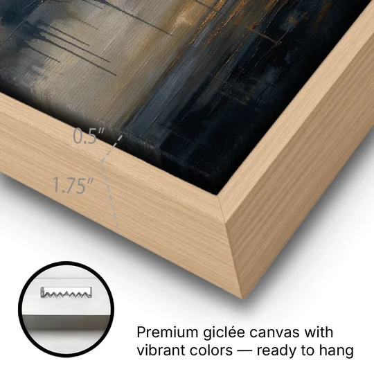 Metallic Abstract Bronze Horizon Over Still Sea - Oak Framed Canvas Wall Art - Gallery Wrap Corner