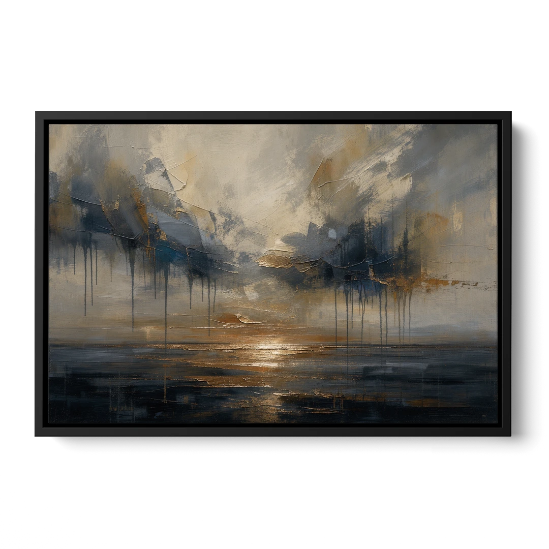 Metallic Abstract Bronze Horizon Over Still Sea - Black Framed Canvas Wall Art - Front