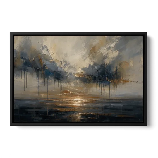Metallic Abstract Bronze Horizon Over Still Sea - Black Framed Canvas Wall Art - Front