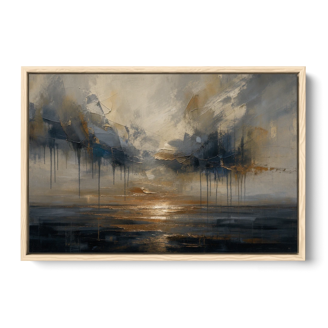 Metallic Abstract Bronze Horizon Over Still Sea - Oak Framed Canvas Wall Art - Front