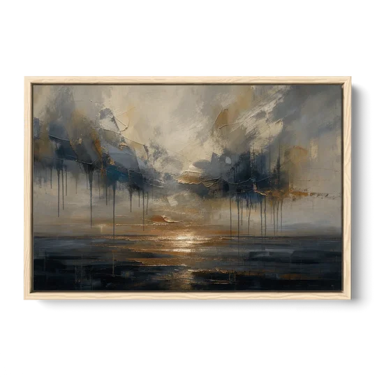 Metallic Abstract Bronze Horizon Over Still Sea - Oak Framed Canvas Wall Art - Front