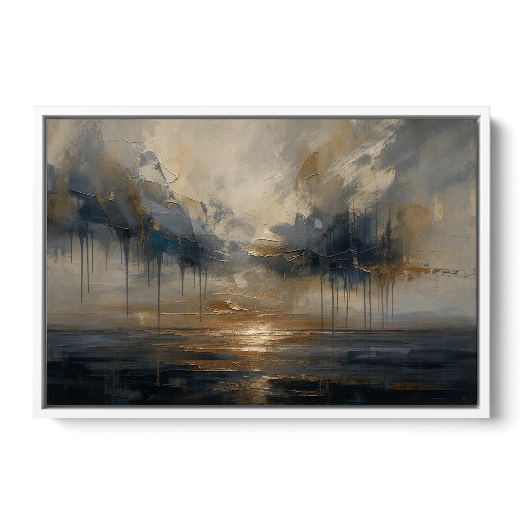Metallic Abstract Bronze Horizon Over Still Sea - White Framed Canvas Wall Art - Front