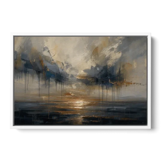 Metallic Abstract Bronze Horizon Over Still Sea - White Framed Canvas Wall Art - Front