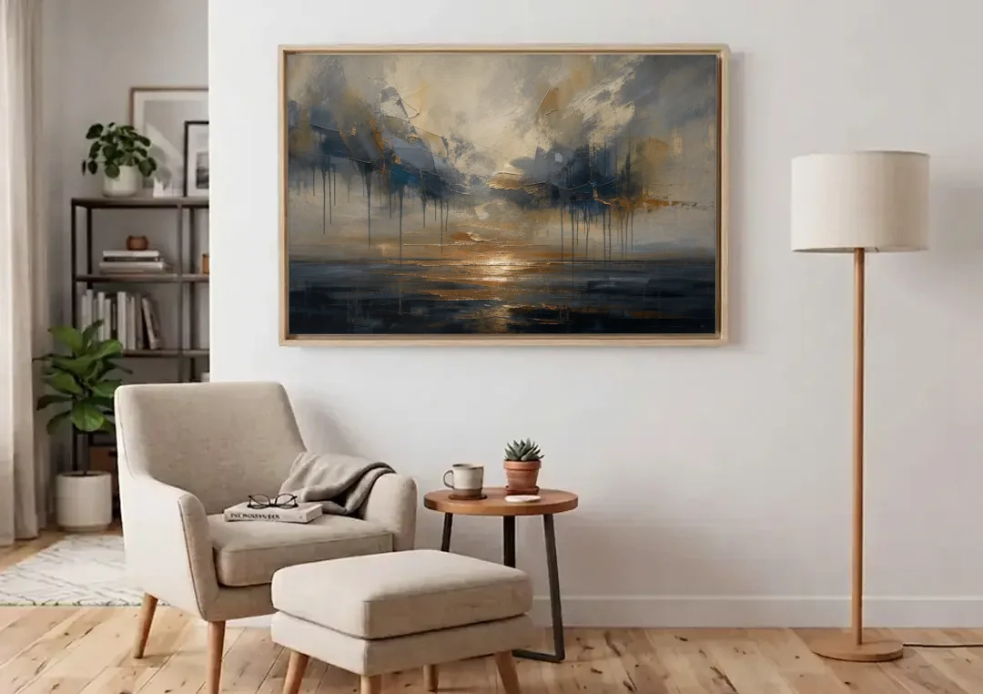 Metallic Abstract Bronze Horizon Over Still Sea canvas wall art above an armchair in a bright living room