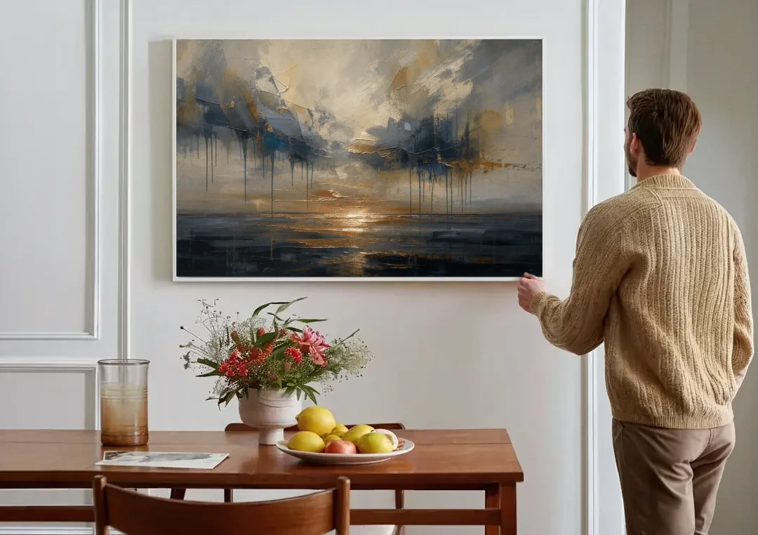 Metallic Abstract Bronze Horizon Over Still Sea canvas wall art above a dining table