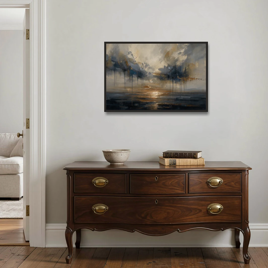 Metallic Abstract Bronze Horizon Over Still Sea - Black Framed Canvas Wall Art - Coffee Table - 36x24